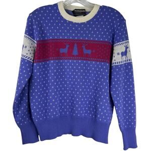 Tyrolia Vintage Nordic Sweater Purple Cabin Core Ribbed Snowflake Print Size L